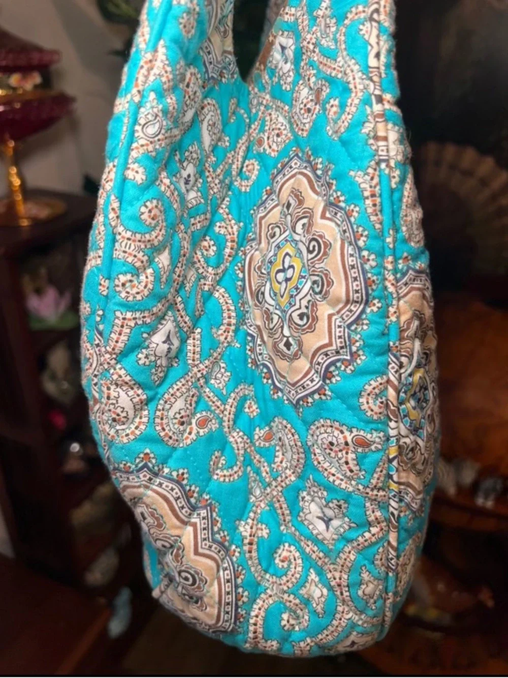 Vera Bradley Hobo Bag Quilted Shoulder Handbag Pockets Blue Turquoise Paisley